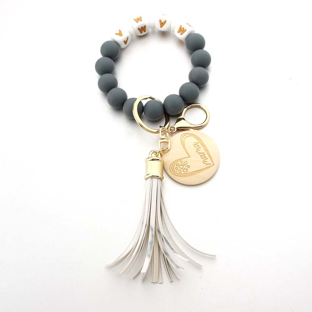 Wholesale Cartoon Love Wooden Sign Creative MAMA Letter Silicone Bead Wrist Keychain